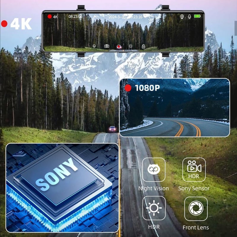 Aprilboy 4K Mirror Dash Cam Front and Rear, 12'' Dual WiFi Dashcam for Cars with Voice Control, ADAS&BSD&LCA, GPS, Reverse Assist, G-Sensor, 24 Parking Monitor, Free 64GB Card - Image 5